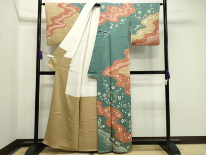 平和屋着物●訪問着 絞り 流水花文 金彩 正絹 逸品 CABA1248gh
