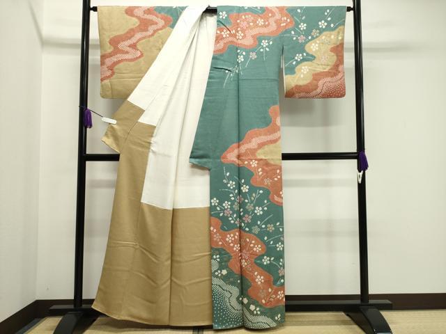 平和屋着物●訪問着 絞り 流水花文 金彩 正絹 逸品 CABA1248gh