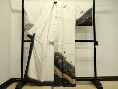 平和屋着物●訪問着　立波群鶴文　暈し染め　金銀彩　正絹　逸品　CABA1304gh