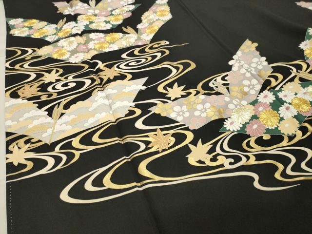 平和屋着物●豪華黒留袖　駒刺繍　竜田川花文　金彩　正絹　逸品　CABA1313gh