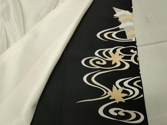 平和屋着物●豪華黒留袖　駒刺繍　竜田川花文　金彩　正絹　逸品　CABA1313gh