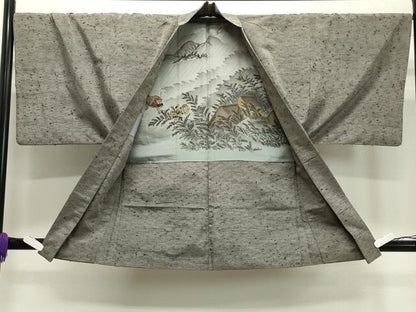 平和屋着物●男性　紬　髭紬羽織セット　霞文　薄墨色　正絹　逸品　CABA1331gh