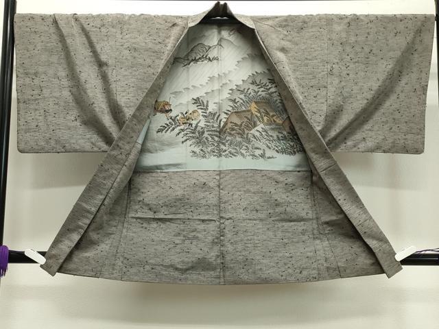 平和屋着物●男性　紬　髭紬羽織セット　霞文　薄墨色　正絹　逸品　CABA1331gh