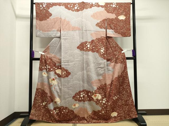 平和屋着物●訪問着　絞り　刺繍　雲重ね地紙花文　金彩　正絹　逸品　CABA1333gh