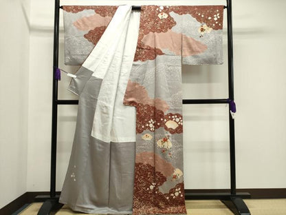 平和屋着物●訪問着　絞り　刺繍　雲重ね地紙花文　金彩　正絹　逸品　CABA1333gh