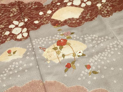平和屋着物●訪問着　絞り　刺繍　雲重ね地紙花文　金彩　正絹　逸品　CABA1333gh