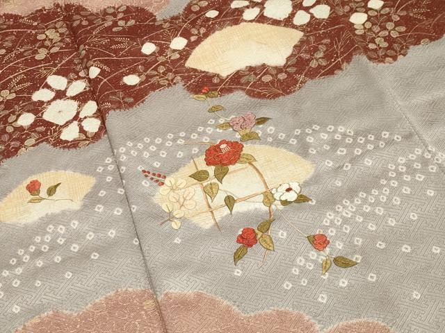 平和屋着物●訪問着　絞り　刺繍　雲重ね地紙花文　金彩　正絹　逸品　CABA1333gh
