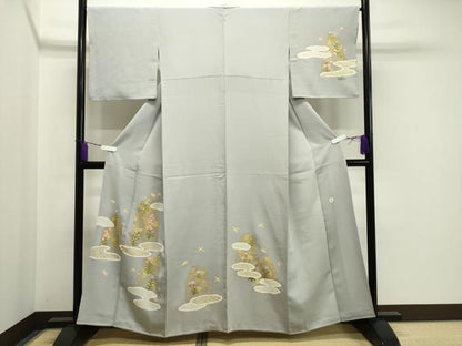 平和屋着物●京友禅作家 米沢新之助 訪問着 駒刺繍 飛鳥花文 金彩 正絹 逸品 CABA1337gh