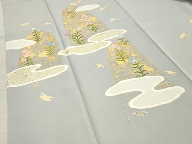 平和屋着物●京友禅作家 米沢新之助 訪問着 駒刺繍 飛鳥花文 金彩 正絹 逸品 CABA1337gh
