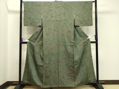 平和屋着物●上質な小紋　型染め　流水花唐草文　鬼しぼ縮緬　正絹　逸品　CABA1488gh
