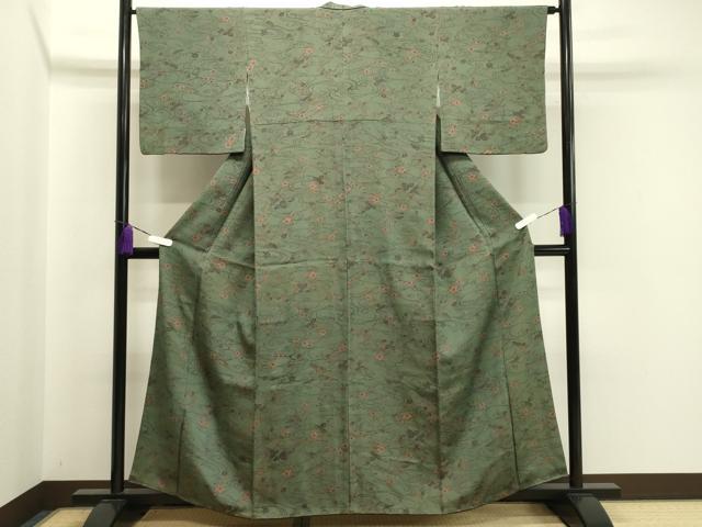 平和屋着物●上質な小紋　型染め　流水花唐草文　鬼しぼ縮緬　正絹　逸品　CABA1488gh