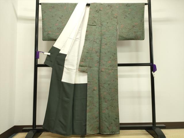 平和屋着物●上質な小紋　型染め　流水花唐草文　鬼しぼ縮緬　正絹　逸品　CABA1488gh