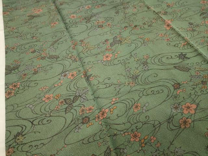 平和屋着物●上質な小紋　型染め　流水花唐草文　鬼しぼ縮緬　正絹　逸品　CABA1488gh