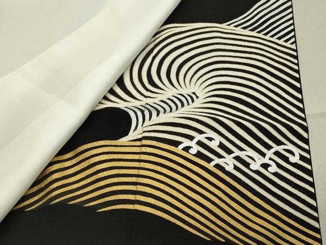 平和屋着物●人間国宝　五代　田畑喜八　黒留袖　駒刺繍　荒磯　金銀彩　正絹　逸品　CABA1494gh