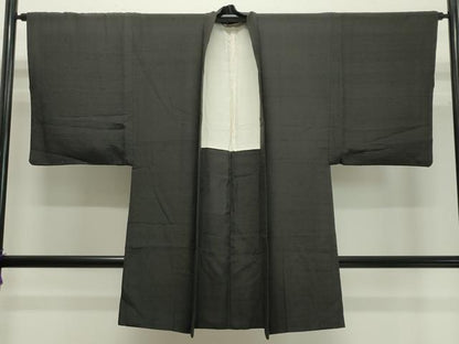 平和屋着物●男性 紬 アンサンブル 着物：鉄黒色 羽織：憲法黒茶色 正絹 逸品 CABA1499gh