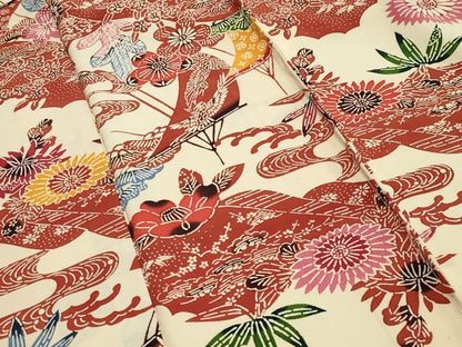 平和屋着物●小振袖　二尺袖　型染め　鶴松竹梅文　正絹　逸品　CABA1524gh