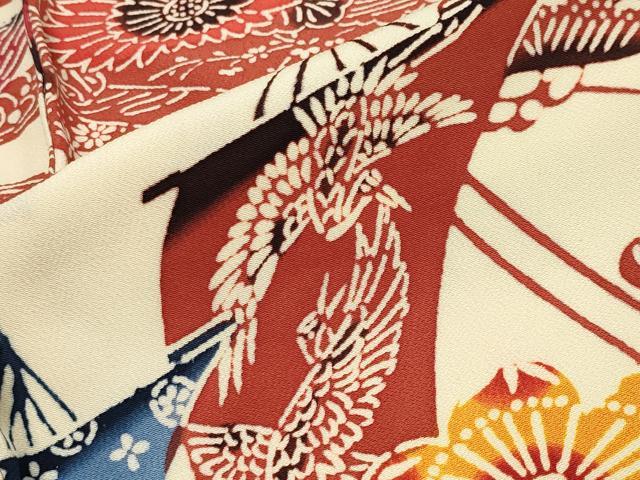 平和屋着物●小振袖　二尺袖　型染め　鶴松竹梅文　正絹　逸品　CABA1524gh