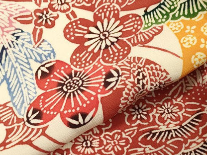 平和屋着物●小振袖　二尺袖　型染め　鶴松竹梅文　正絹　逸品　CABA1524gh