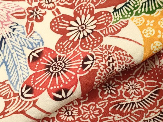 平和屋着物●小振袖　二尺袖　型染め　鶴松竹梅文　正絹　逸品　CABA1524gh