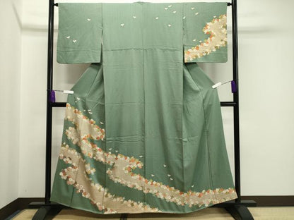 平和屋着物●訪問着　駒刺繍　流水草花文　金彩　正絹　逸品　CABA1525gh