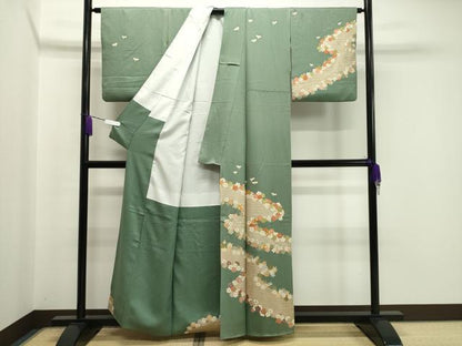 平和屋着物●訪問着　駒刺繍　流水草花文　金彩　正絹　逸品　CABA1525gh