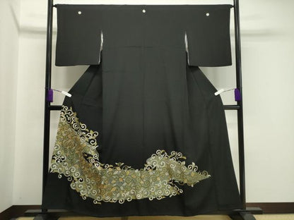平和屋着物●豪華黒留袖 駒刺繍 唐草文 金彩 正絹 逸品 CABA1529gh