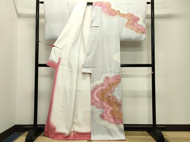 平和屋着物●訪問着　絞り　刺繍　流水草花文　金彩　正絹　逸品　CABA1599gh