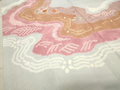平和屋着物●訪問着　絞り　刺繍　流水草花文　金彩　正絹　逸品　CABA1599gh
