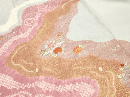 平和屋着物●訪問着　絞り　刺繍　流水草花文　金彩　正絹　逸品　CABA1599gh