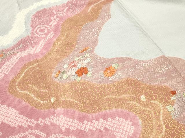 平和屋着物●訪問着　絞り　刺繍　流水草花文　金彩　正絹　逸品　CABA1599gh
