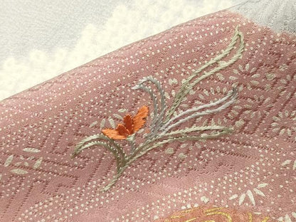 平和屋着物●訪問着　絞り　刺繍　流水草花文　金彩　正絹　逸品　CABA1599gh