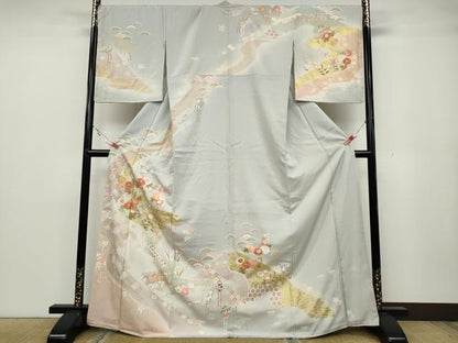 平和屋着物●訪問着　駒刺繍　エ霞草花文　暈し染め　金彩　正絹　逸品　CABA1601ut