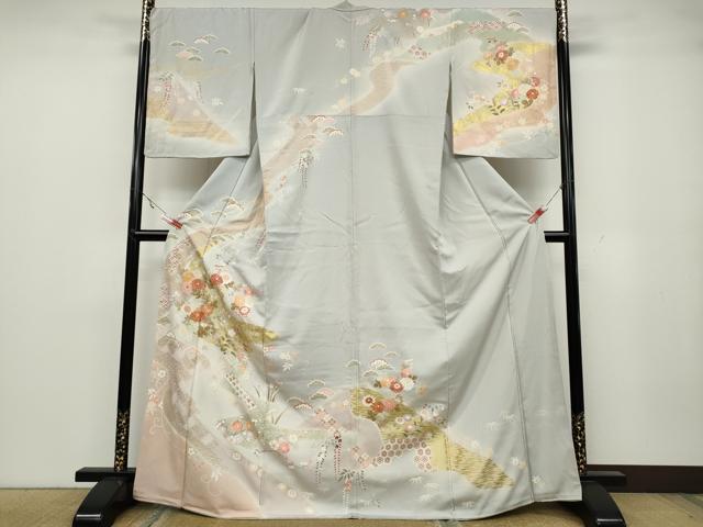 平和屋着物●訪問着　駒刺繍　エ霞草花文　暈し染め　金彩　正絹　逸品　CABA1601ut