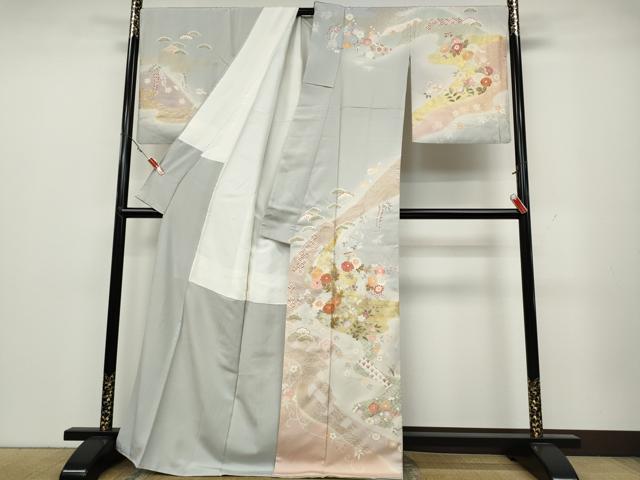 平和屋着物●訪問着　駒刺繍　エ霞草花文　暈し染め　金彩　正絹　逸品　CABA1601ut