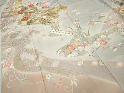 平和屋着物●訪問着　駒刺繍　エ霞草花文　暈し染め　金彩　正絹　逸品　CABA1601ut