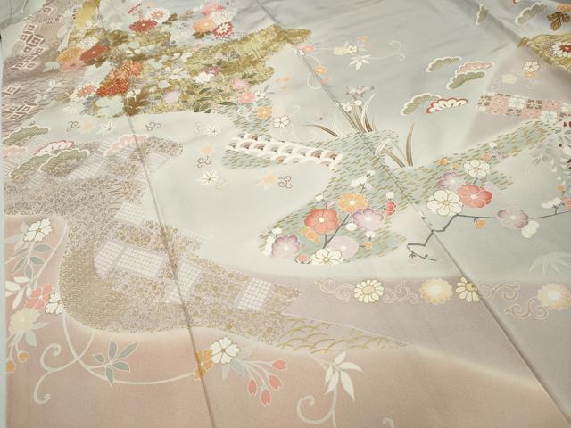 平和屋着物●訪問着　駒刺繍　エ霞草花文　暈し染め　金彩　正絹　逸品　CABA1601ut