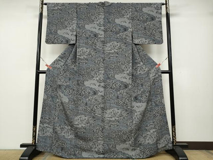 平和屋着物●上質な小紋　風景草花文　鬼しぼ縮緬　正絹　逸品　CABA1626ut