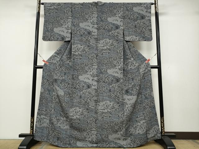 平和屋着物●上質な小紋　風景草花文　鬼しぼ縮緬　正絹　逸品　CABA1626ut