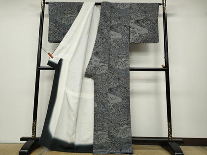 平和屋着物●上質な小紋　風景草花文　鬼しぼ縮緬　正絹　逸品　CABA1626ut