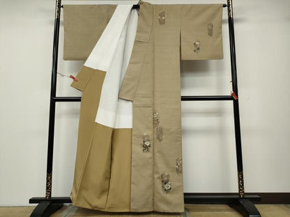 平和屋着物●訪問着　紬地　草花文　金彩　正絹　逸品　CABA1637ut