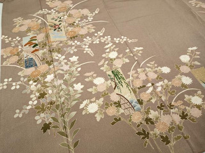 平和屋着物●訪問着　短冊草花文　金彩　鬼しぼ縮緬　正絹　逸品　CABA1658ut
