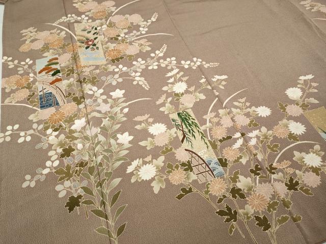 平和屋着物●訪問着　短冊草花文　金彩　鬼しぼ縮緬　正絹　逸品　CABA1658ut