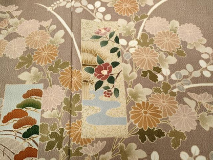平和屋着物●訪問着　短冊草花文　金彩　鬼しぼ縮緬　正絹　逸品　CABA1658ut