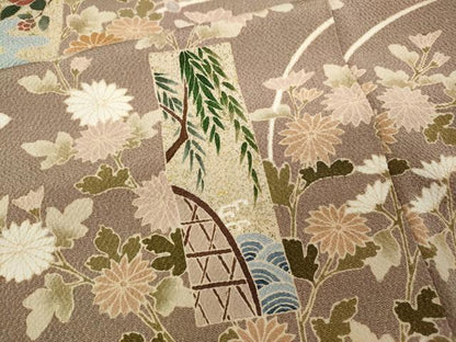 平和屋着物●訪問着　短冊草花文　金彩　鬼しぼ縮緬　正絹　逸品　CABA1658ut
