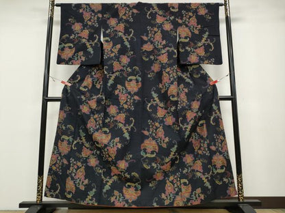 平和屋着物●上質な紬 更紗花文 正絹 逸品 CABA1703ut