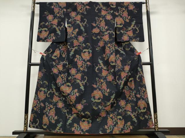 平和屋着物●上質な紬 更紗花文 正絹 逸品 CABA1703ut