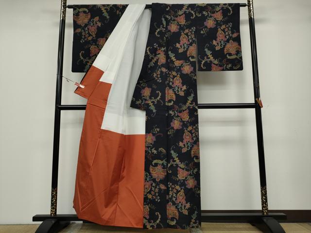 平和屋着物●上質な紬 更紗花文 正絹 逸品 CABA1703ut