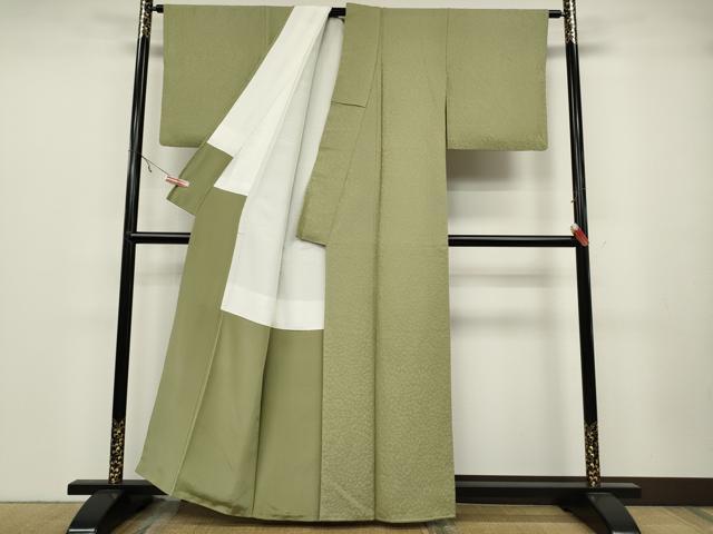 平和屋着物●上質な色無地 ふくれ織 辻が花地紋 抹茶色 正絹 逸品 CABA1745ut