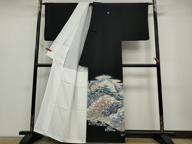 平和屋着物○十日町友禅作家 岡村蒼風 黒留袖 草花文 正絹 逸品