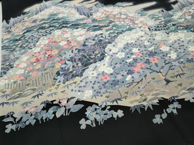 平和屋着物○十日町友禅作家 岡村蒼風 黒留袖 草花文 正絹 逸品